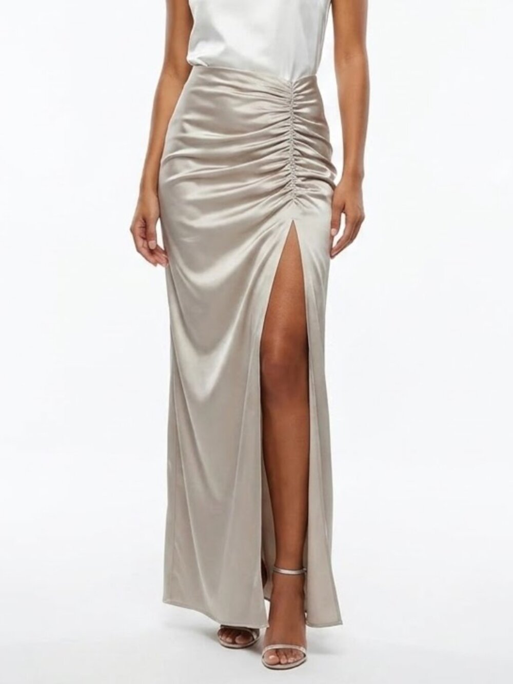 ZARA Champagne Satin Ruched Maxi Skirt Oyster Draped Slinky S